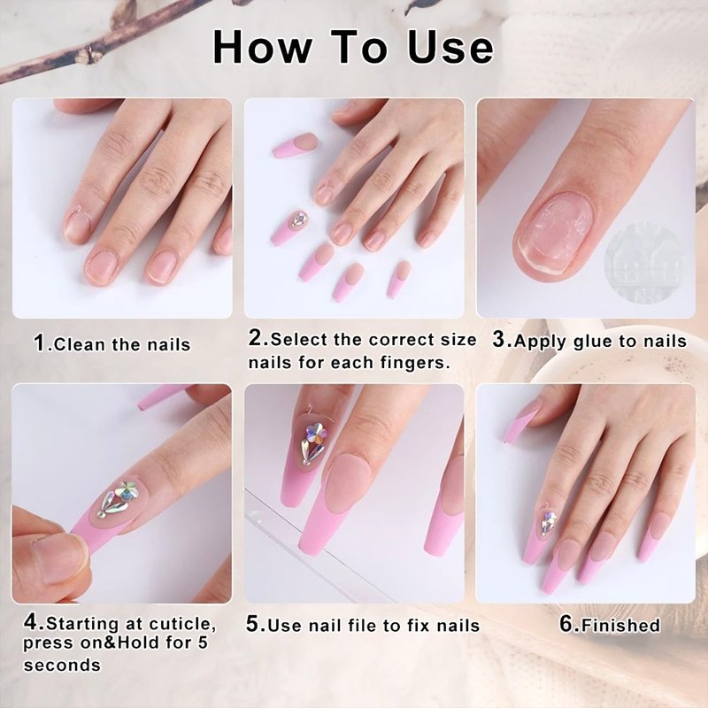 24Pcs 3D Flower Press on Nails Medium Square Fake Nails Pink French Tip Artificial Nails with Star Rhinestones Design Gilding Full Cover Glue on Nails Nude False Nails Spring Stick on Nails for Women
