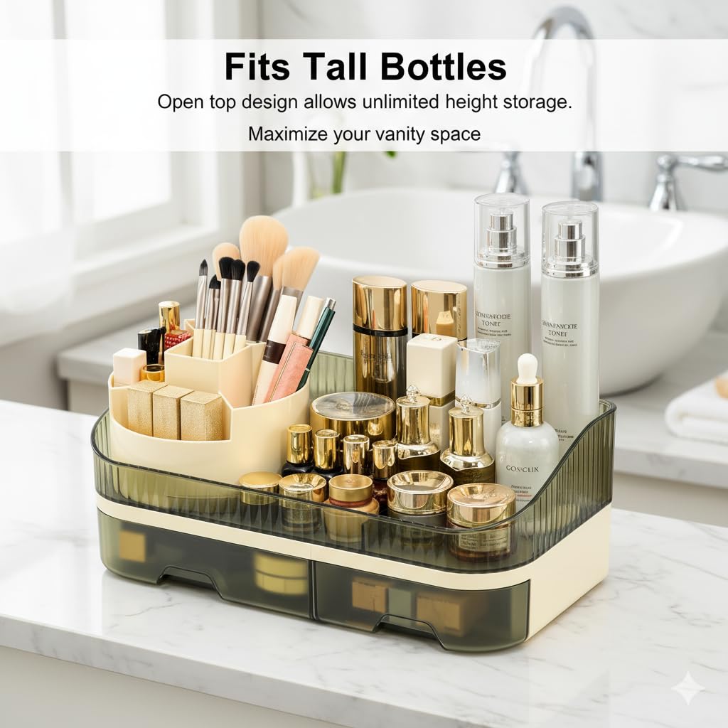 Tidyladyo Makeup Organizer with Dual Drawers - Large Capacity Countertop Cosmetic Storage for Skincare Vanity Bathroom - 360 Rotating - Clear Acrylic