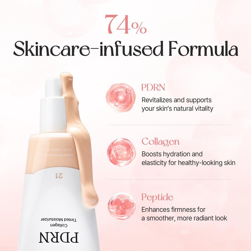 PDRN Collagen Tinted Moisturizer - Skincare-Infused Base with Rice PDRN & Peptides | 24H Glow, 10 Shades, 50ml