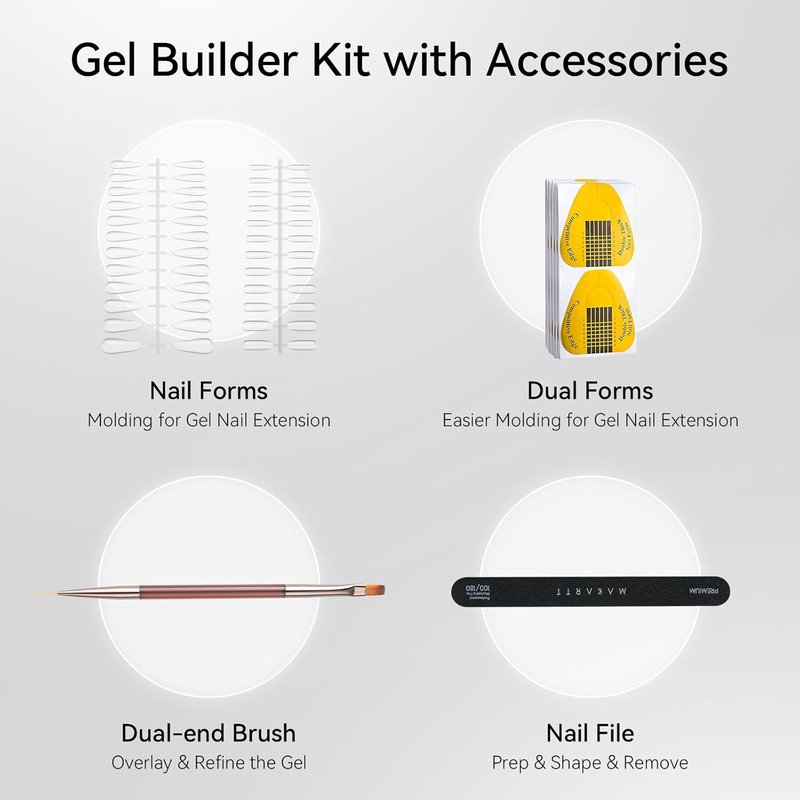 Makartt Clear Gel Builder Kit - Self-Levelling Hard Gels for Nail Strengthening | 1.06 oz, Includes Forms & Brush