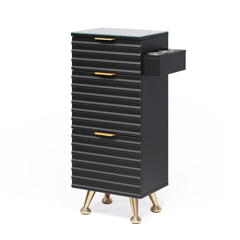 Regine Switzerland Professional Salon Station - Tempered Glass Top, 3 Drawers & Heat Resistant Tool Holders | Black
