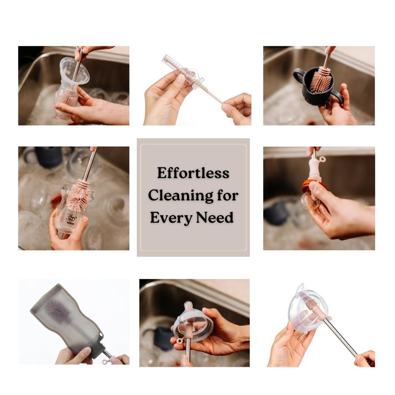 Haakaa Silicone Cleaning Brush Kit – Household Cleaning Brushes for Bottles and Crevices – Food-Grade Silicone: Dishwasher Safe (Kit-Blush)