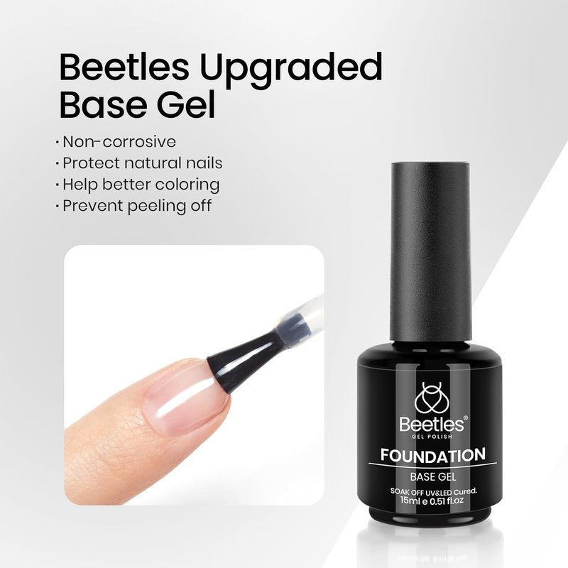 Beetles 3 Pcs No Wipe Gel Top Coat Base Coat & Black Gel Nail Polish Set, Shine Finish and Long Lasting, Soak Off LED Lamp Base Top Uv Lamp Nail Art Manicure Gifts for Women