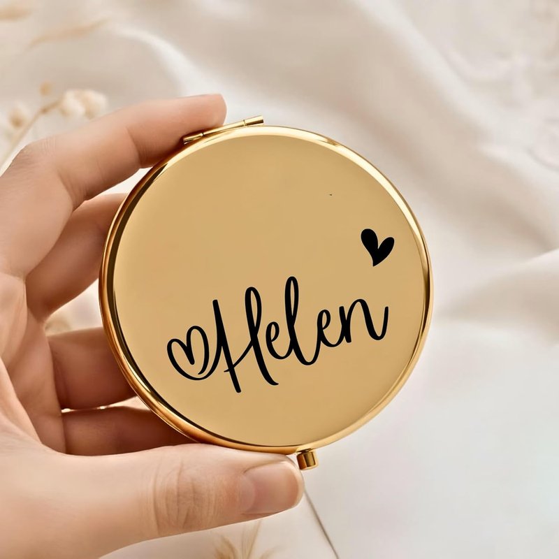 Personalized Compact Travel Mirror with Name and Heart, 2x/1x Magnifying Portable Mirror, Small Cosmetic Makeup Mirror Gift for Bridesmaid, Maid of Honor, Mom