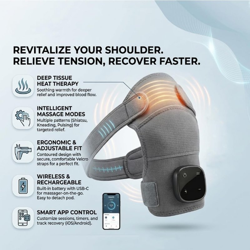 Shoulder Massager, 3 Massage Modes, Wireless, Adjustable Length, for Daily Comfort