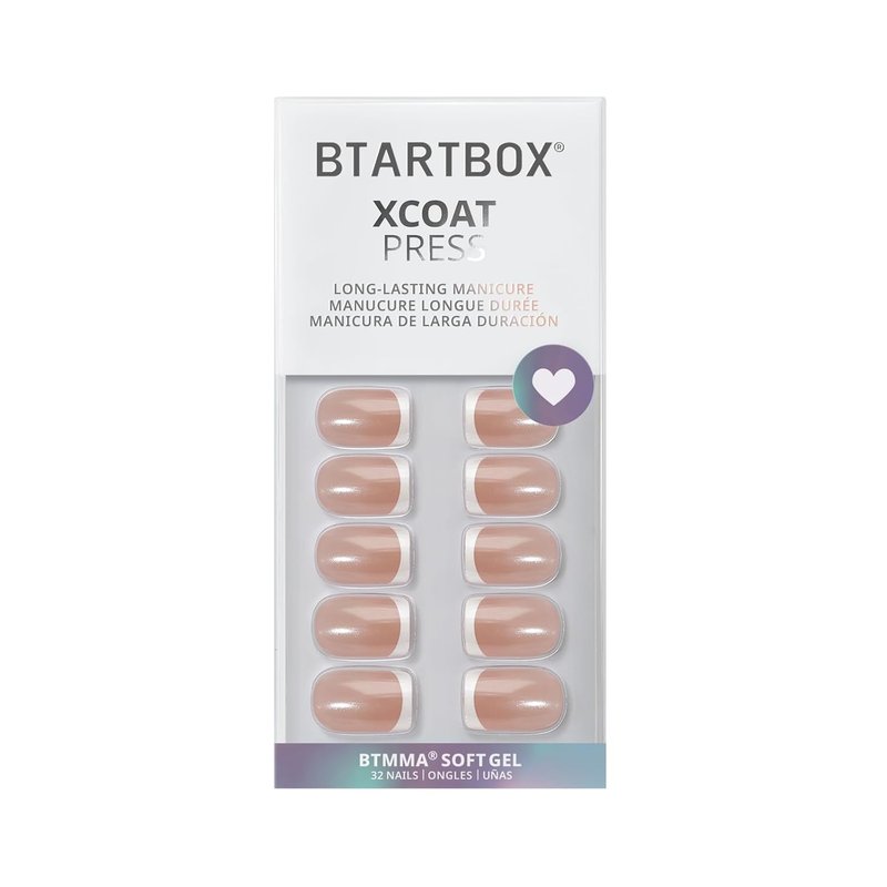 BTArtbox Press On Nails - Chrome French Tip Square Design | 32 Semi-Transparent Soft Gel Nails in 16 Sizes