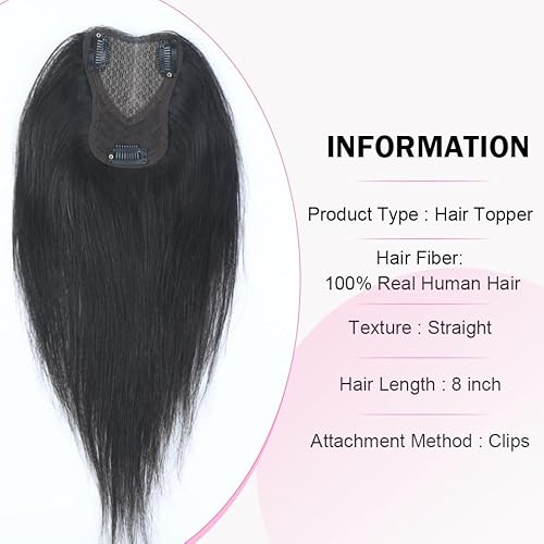 Hair Toppers for Women Real Human Hair 12 Inch 360¡Æ Cover Remy Human Hair Topper for Women with Thinning Realistic Scalp Clip in Pieces Straight Hair (Natural Black, Side Bangs)