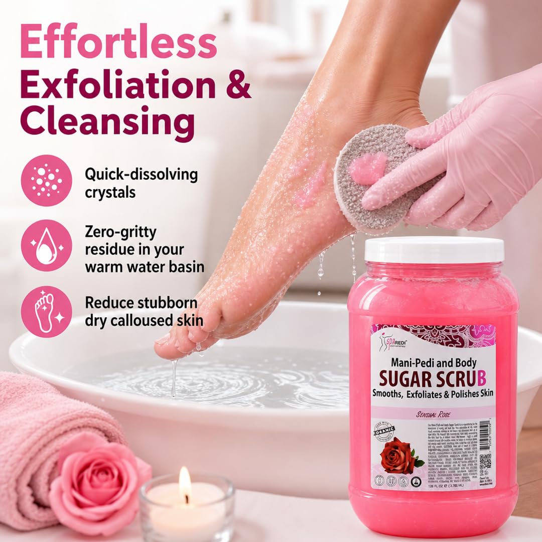 SPA REDI Sensual Rose Sugar Scrub | Dual-Action Exfoliation & Hydration Treatment | The Lotion-Step Eliminator for a Faster, More Profitable Service and Luxurious Deep Hydration 128 Oz