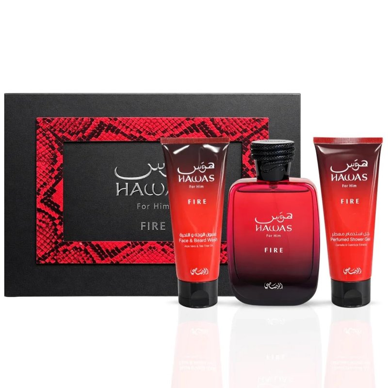 RASASI Hawas Fire For Men - 3-Piece Gift Set with Eau De Parfum, Face & Beard Wash, Shower Gel | 100ml (3.4 Oz)