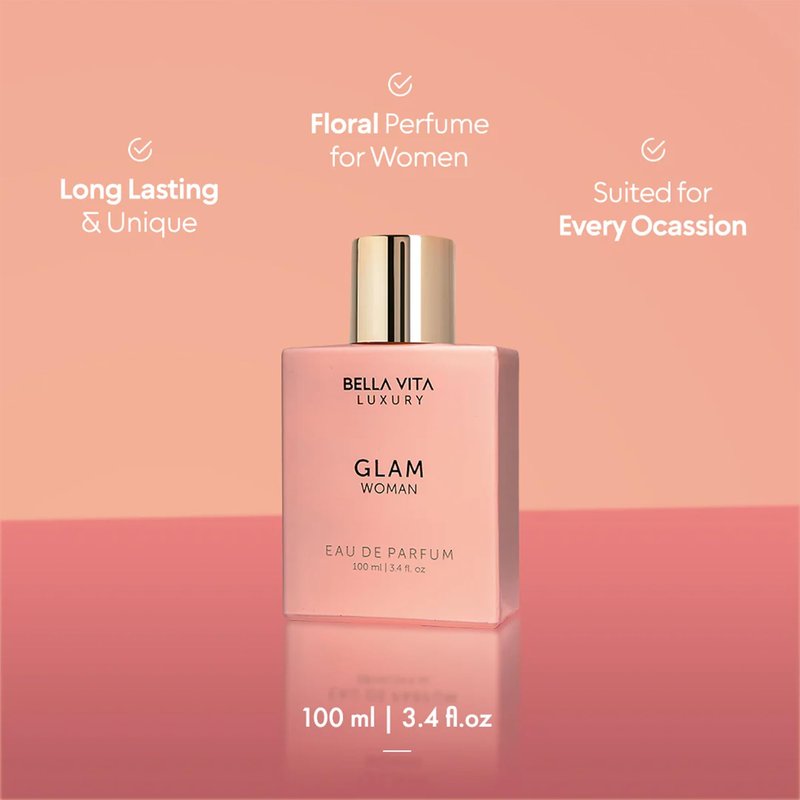 Bellavita Luxury Glam Eau de Parfum | 100 ml (3.4 fl.oz.) | Perfume for Women | White Floral, African Orange, Jasmine, and Patchouli Notes | Long Lasting Fragrance | Mother's Day present