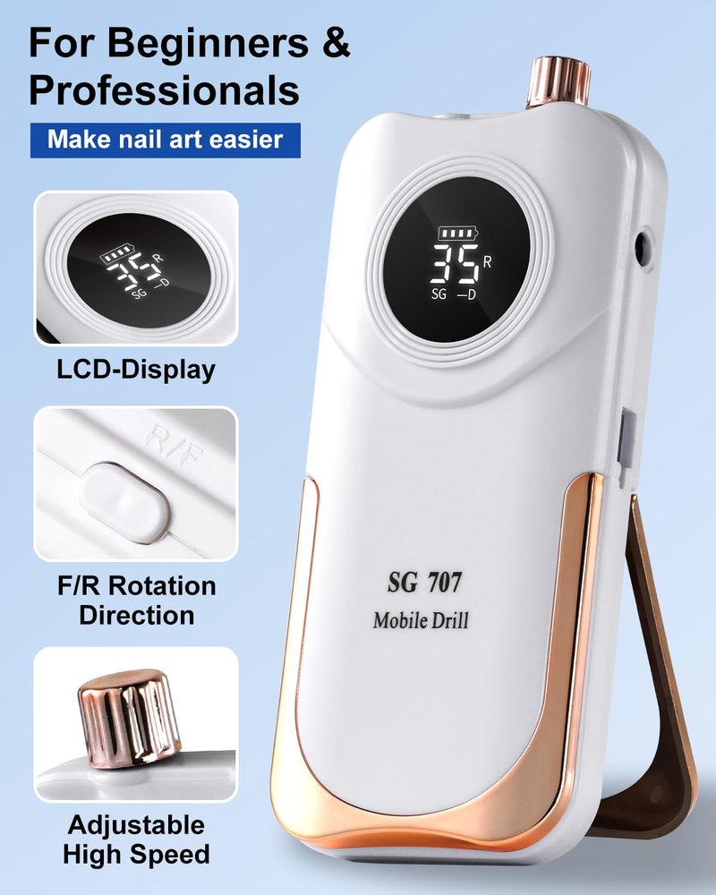 Professional Grade Electric Nail Drill Kit 35000RPM with 14PCS Bits White Portable Rechargeable Cordless File Machine for Acrylic Gel Powder Nails and Manicure Pedicure Toenail Tool Salon Set