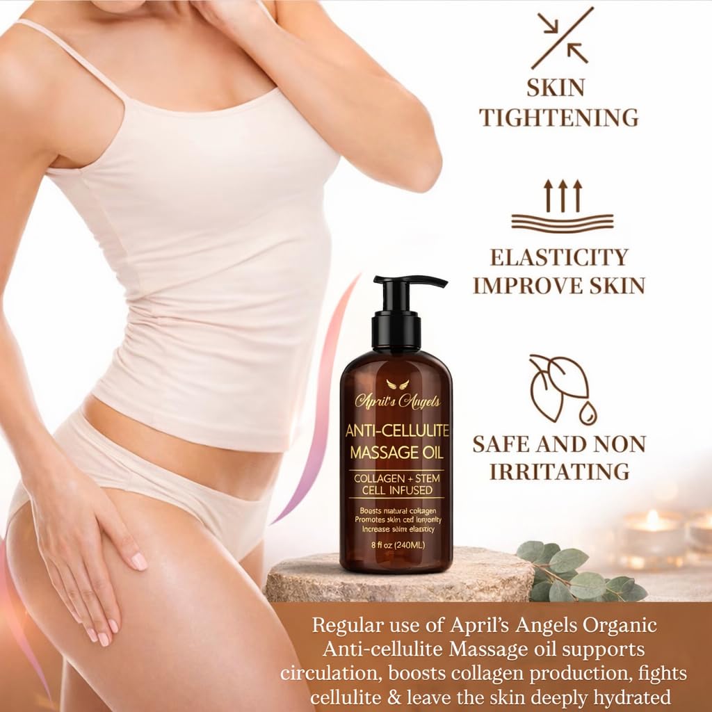 April's Angels Anti-Cellulite Massage Oil with Collagen & Stem Cell Infused. Skin Elasticity, Firmness, Deep Hydration. 8 fl oz