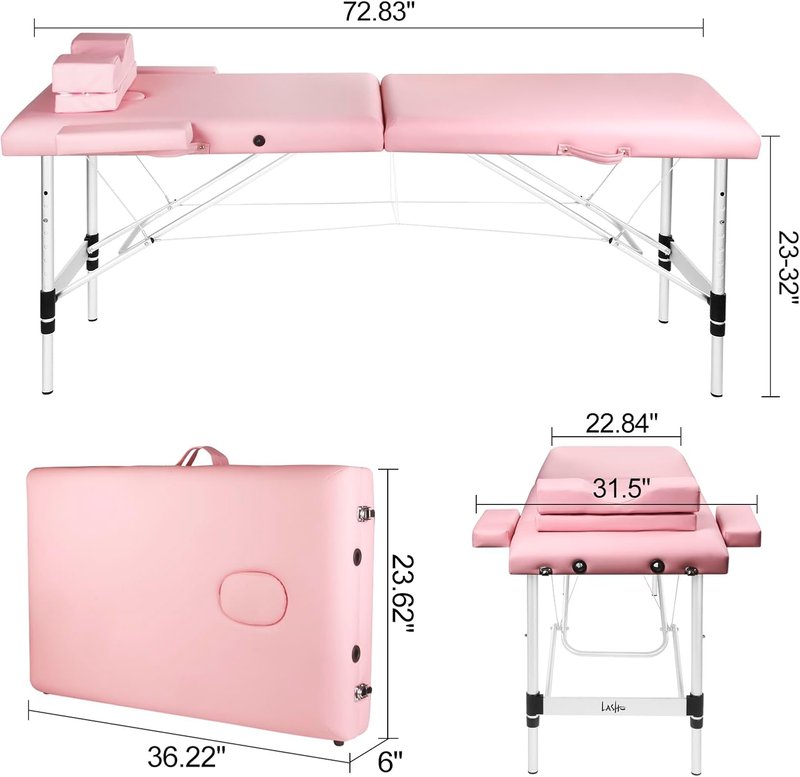 Masajeo Portable Lash Bed - Adjustable Spa Table with Eyelash Pillow | Waterproof Aluminum Frame (Pink)