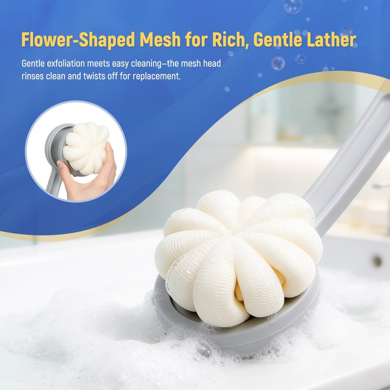 Chonario Long Handled Flower Loofah Sponge for Back, Back Scrubber Brush for Shower, Loofah Sponge on a Stick for Men,Women,Elderly