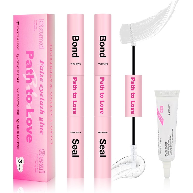Path to Love Lash Cluster Glue Set - 150H Strong Hold Waterproof Adhesive Eyelash Glue,Bond & Seal 2x5ml+5ml + 1x0.24oz Lash Glue for DIY Cluster Lashes, Home Use, Beginners & Pros (White, 3-Pack)