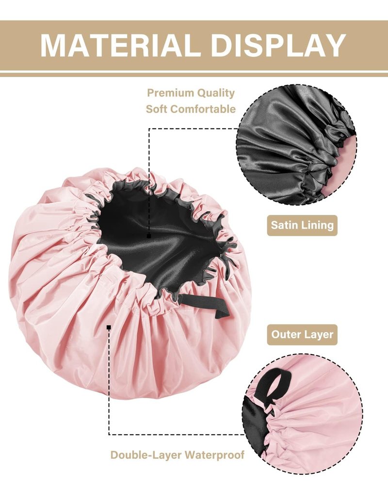 Aquior Shower Cap,Extra Adjustable Shower Caps for Women Double-Layer Waterproof Reusable Hair Cap, Large Size Hair Cap for All Hair,for Girls Spa Bath,Soft and Comfortable (Pink)