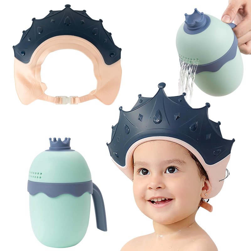 FUNUPUP Baby Shower Cap for Kids with Bath Rinse Cup, Adjustable Toddler Hair Washing Shampoo Shield Hat Baby Bath Visor Shower Hat for Kids（Crown Blue)