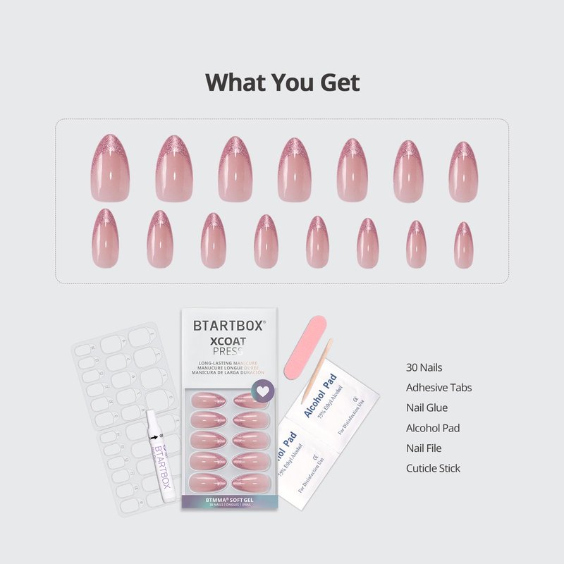 BTArtbox Press On Nails Medium - Pink Frosting, Lamp-Curable Almond Cat Eye French Tip Press On Nails with Glue and Adhesive Tabs for Women, Soft Gel Glue On Nails in 15 Sizes - 30 Stick On Nails Kit