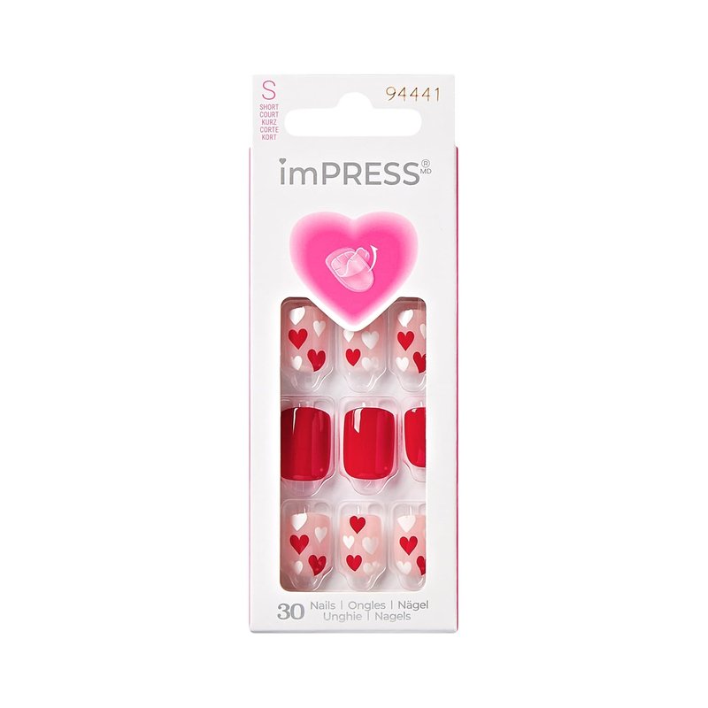 KISS imPRESS Press-On Nails - Valentine’s Day Full Heart Design, Red Short Squoval | 30 Nails, Prep Pad & Mini File Included