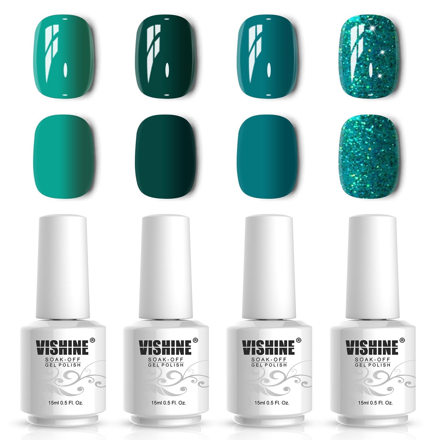Vishine Gel Nail Polish Kit - 4 Colors Including Glitter Green Sparkle | 15ml for DIY Nail Art
