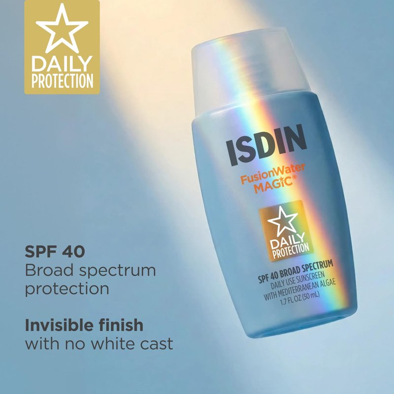 ISDIN Fusion Water MAGIC SPF 40, Lightweight Sunscreen For Face with Hyaluronic Acid and Vitamin E, Ideal for Daily Use, Dermatologist Recommended, Fast Absorbing and Non-Comedogenic, 1.7 Fl Oz