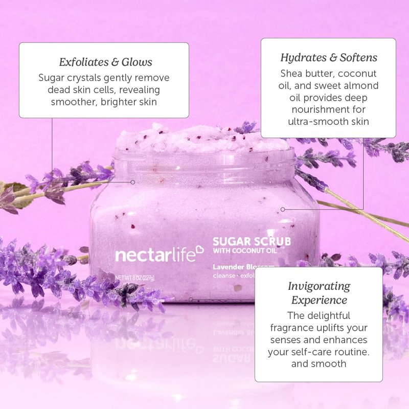 Sugar Body Scrub, Exfoliating Body Scrub with Moisturizing Shea Butter and Coconut Oil, Paraben Free, SLS Free, Cruelty Free Skin Care for Women and Girls, Handmade Fresh, 8 Oz (Lavender)