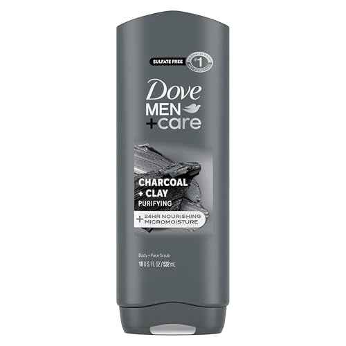 DOVE MEN + CARE Body and Face Wash 4 Count Purifying Charcoal + Clay Body Wash for Men with 24-Hour Nourishing Micromoisture Technology 18 oz