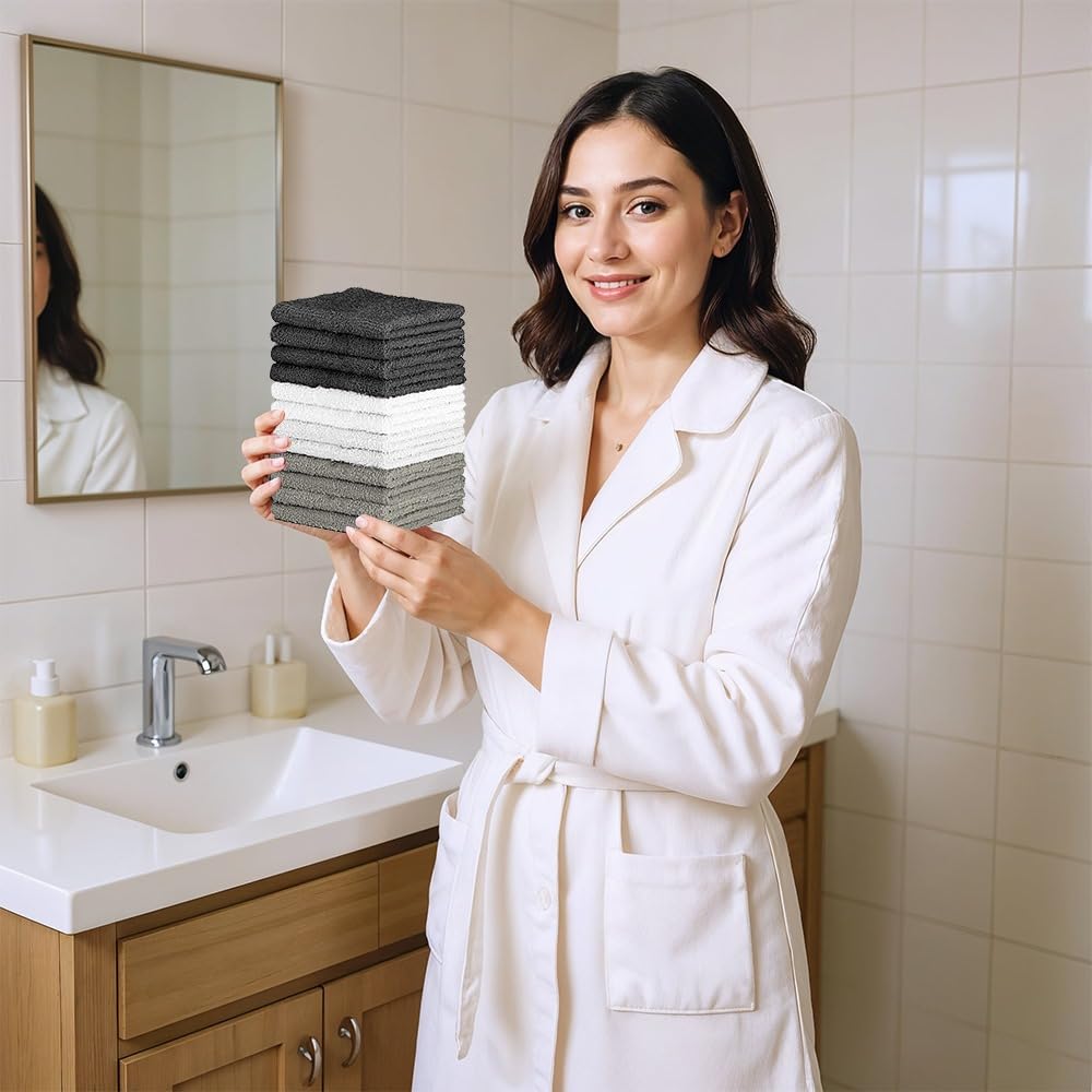 QUBA LINEN 100% Cotton Washcloth Set – Soft, Absorbent Face Towels for Bathroom & Gym Use –Reusable, Durable & Machine Washable - Dark Grey, White & Light Grey, 12x12 Inches, Pack of 12