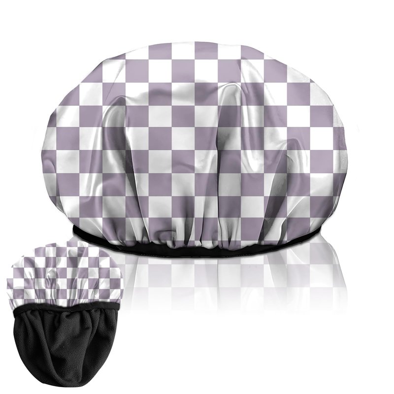 Deokke Luxury Shower Cap Terry Lined Elastic Triple Layer Waterproof Reusable Dry Hair Bathing Caps Aesthetic Cute for Women Girls-Purple Checkered