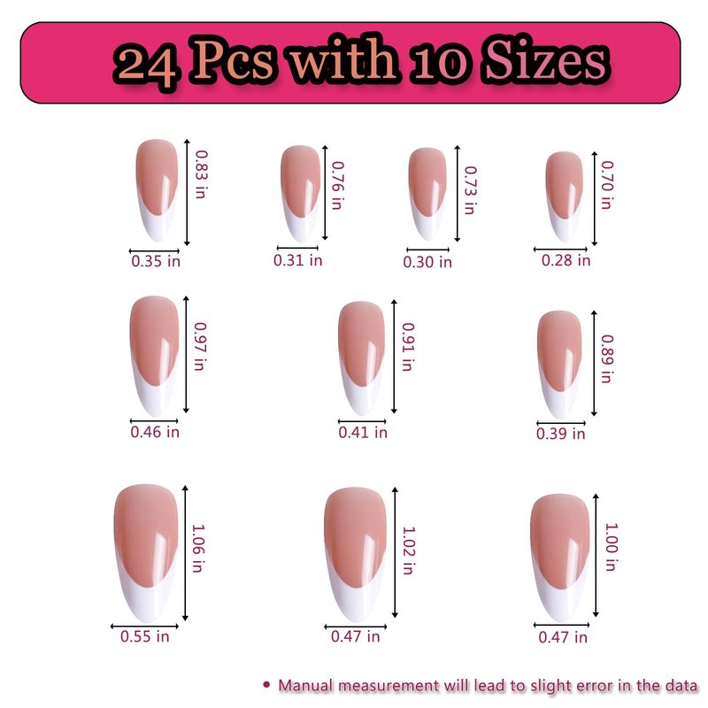 Melines 24pcs French Tip Medium Almond Press On Nails, Reusable Nail Kit with Nail Glue Adhesive Tabs Mini Nail File, 10 Sizes