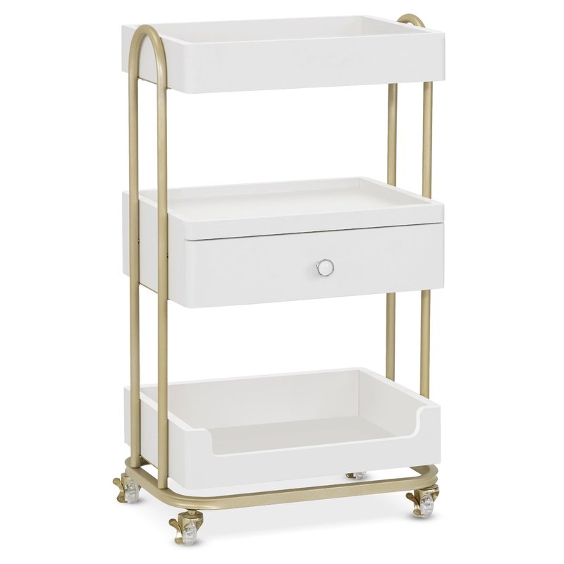 BarberPub Salon Trolley Cart with Lockable Wheels, Stylist Trolley with 3 Shelves, Salon Storage Cart for Beauty Shop, Barber Shop, Spa 2086 (White&Gold)