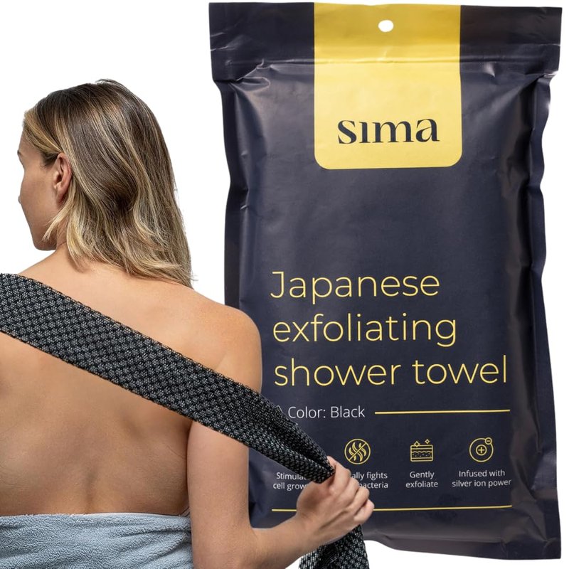 Sima Brand Exfoliating Washcloth Face & Body Scrub Towel - Japanese Exfoliating Towel with Hexagon Fibers, Body Scrubber with 2 Sides for Scrubbing & Washing, Extra Long Towels (Black, 3 Pack)