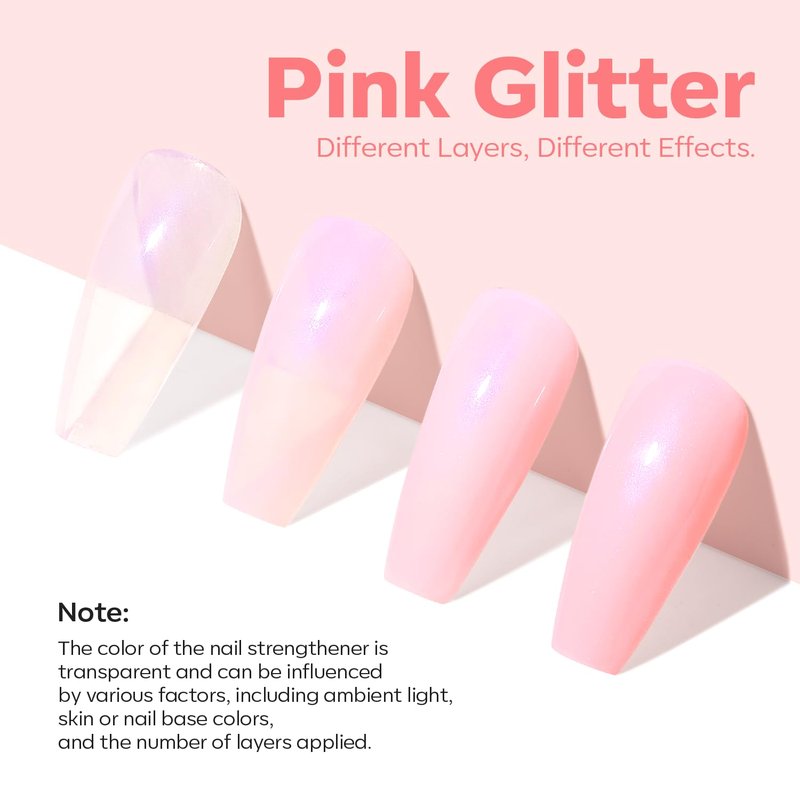 modelones Nail Strengthener, Sparkle Pink Nail Polish Nail Repair for Damaged Nails Hardener Air Dry Nail Growth Polish Natural Nail Concealer Foundation Gifts for Women 15ml