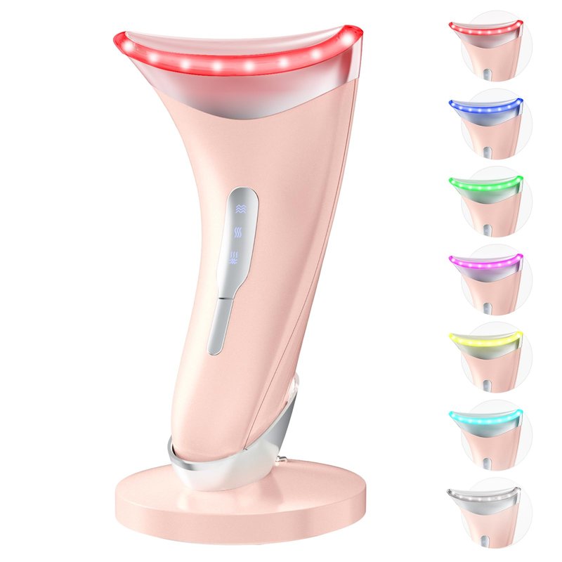 Dopsikn 7 Color Light Therapy Facial Massager with Adjustable Vibration and Thermals for Wrinkles, Double Chin, Red Light Skin Care Tool with Base, Pink