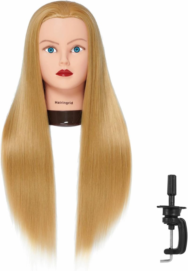 Hairingrid Mannequin Head - 26"-28" Hair Styling Training Doll with Synthetic Fiber Hair & Free Clamp Holder