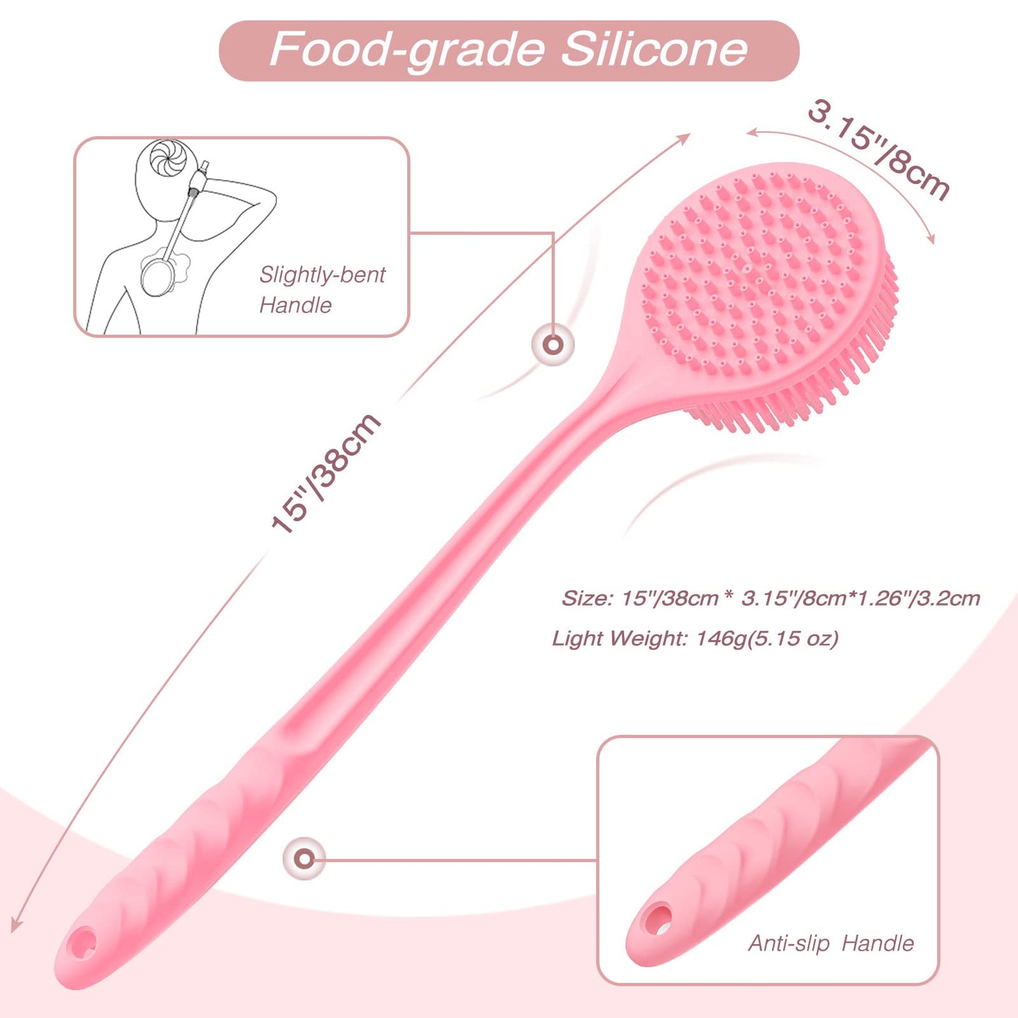 Manmihealth Silicone Back Scrubber& Soft Bath Glove Set, Super-Exfoliating Body Scrubber & Super-Lathering Shower Brush Combination, with a Free Hook.(Thin Bristles Pink)