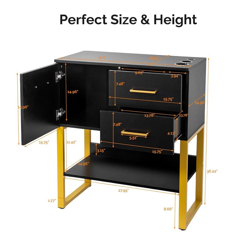 Beauty Barber Station - Salon Storage Cabinet with Drawers & Hair Dryer Holders | Black Styling Station for Hair Stylists