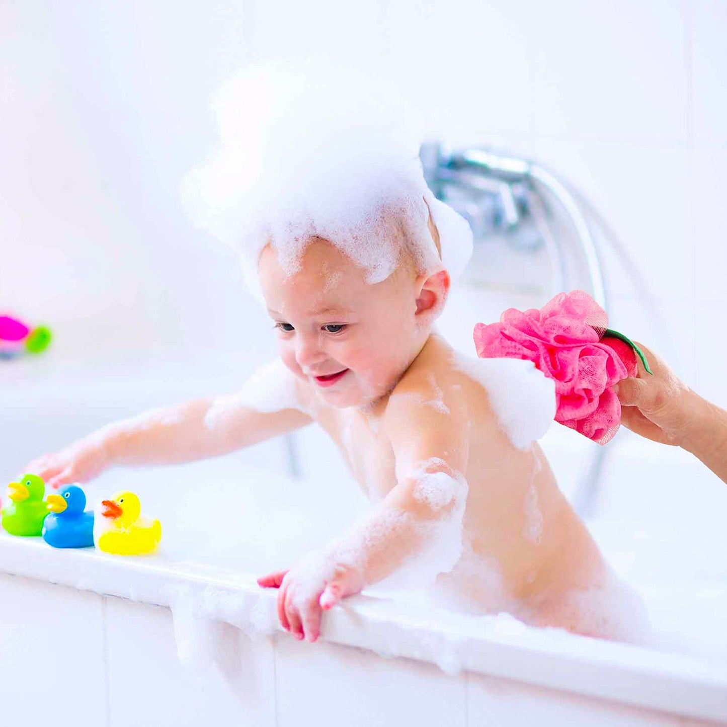 Rocutus 4pcs Child Bath Shower Sponge Pouf Loofahs Mesh Brush Shower Ball Cute Bath Flower with Hooks for Travel (Mixed 4)