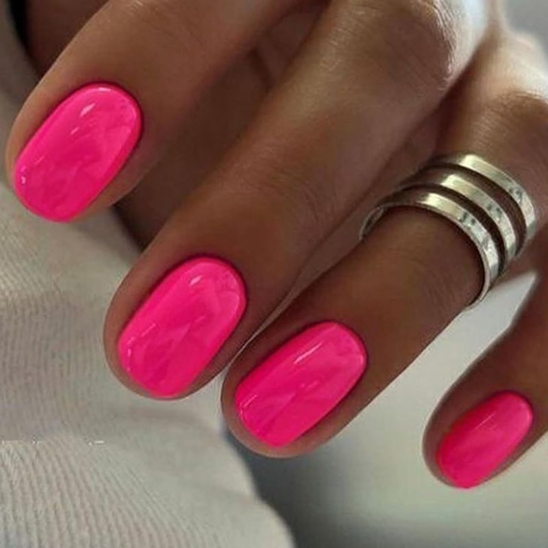 GLAMERMAID Extra Short Press on Nails 24PCS, Bright Hot Pink Jelly Fall Gel Glue on Nails, Glossy Round Reusable UV Finish Fake Nails Acrylic False Nails Manicure Kits for Women