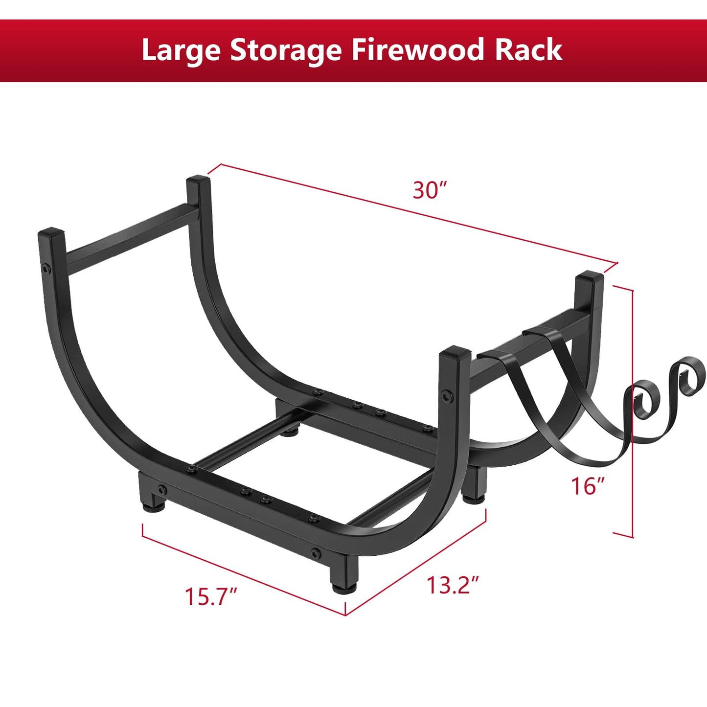 BeGyoku Firewood Rack Outdoor&Indoor,30'' Firewood Holder with Kindling Wood Hooks&Adjustable Feets,Heavy Duty Metal Log Rack,Black Curved Log Holder,Fire Wood Storage Organzier for Fireplace&Patio
