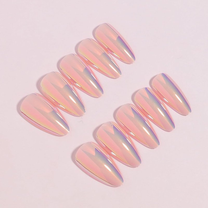 24Pcs Chrome Press-On Nails - Medium Almond Pink Aurora Glossy Full Cover Acrylic Nail Tips for Quick Manicure
