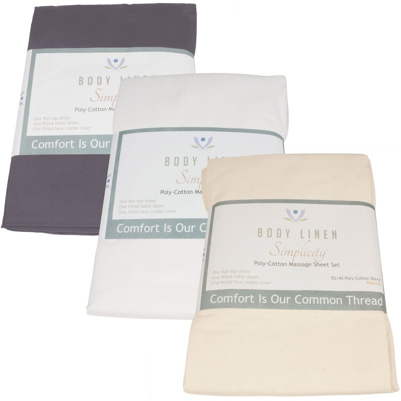 Massage Table Poly-Cotton Sheet Sets by Body Linen. - 3 Piece Set includes Flat & Flat Sheets and a Face Rest Cover. Super Soft and Durable for Professional Use (White)