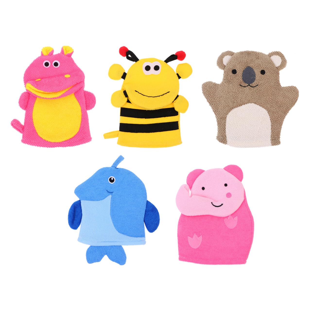 VINTORKY Kids Bath Gloves 5Pcs Cartoon Animal Shape Soft Exfoliating Mitts for Children Gentle Skin Cleaning Travel and Daily Bath Use