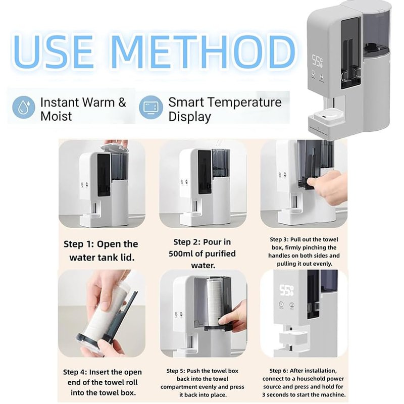 Hot Face Towel Heater Machine, Automatic Disposable Towel Warmer with Steam, 5-Second Heating, 55°C Constant Temperature, Portable Face Towel Steamer