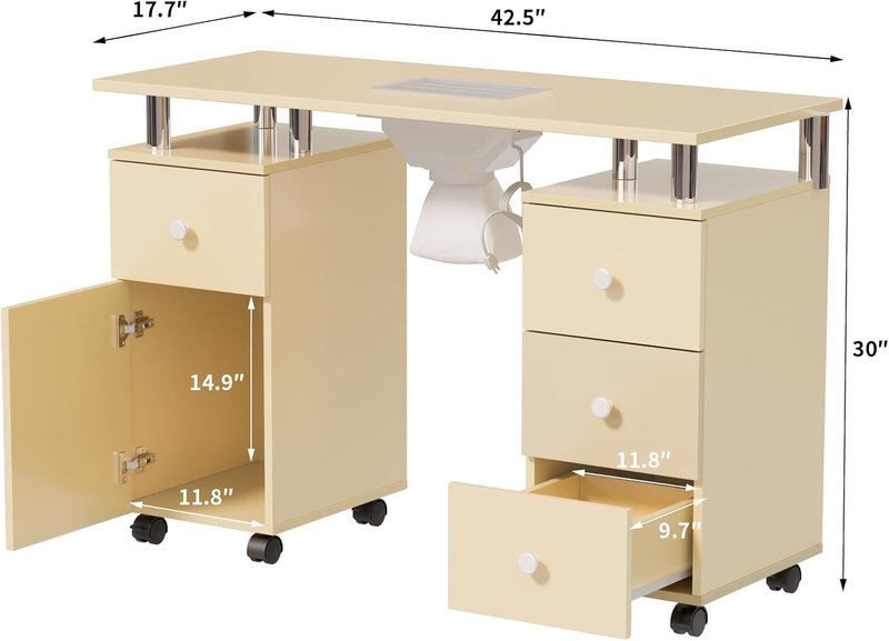 OmySalon Nail Desk - Electric Dust Collector Manicure Table with Storage & Wheels | Almond Cream, 42.5''L