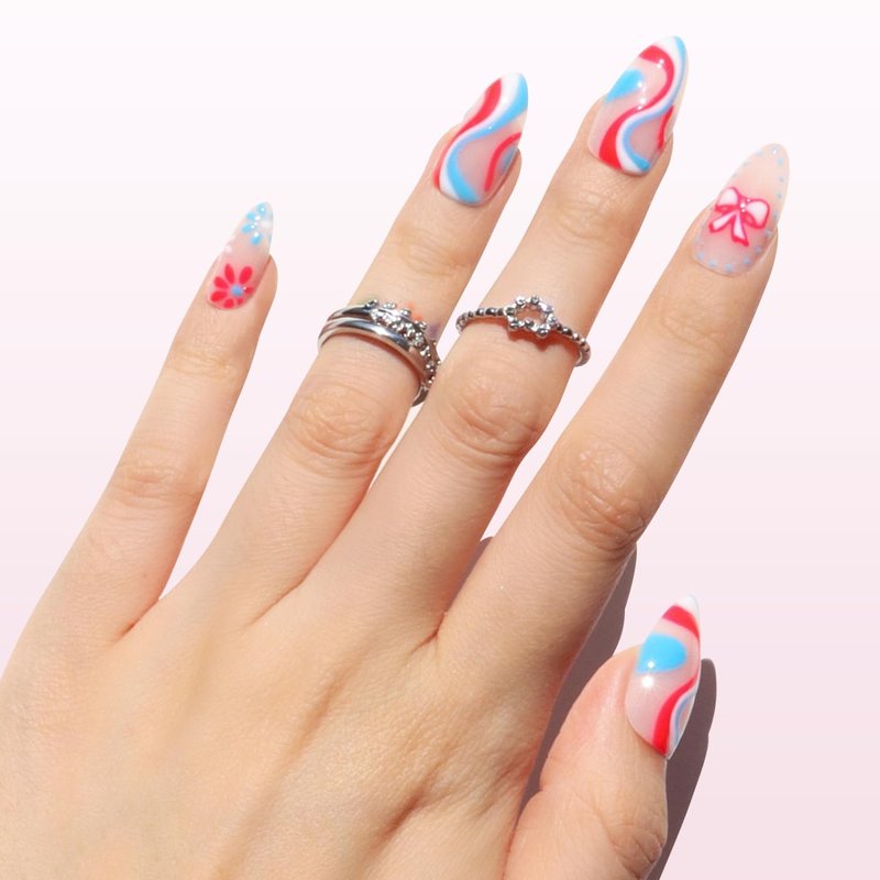Nail Reformation Press On Nails, Red White & Blue Swirl Medium Almond Fake Nails with 3D Stars & Bows in Glossy Finish, Reusable Stick On Nails in 15 Sizes - 30 False Nail Kit, Gifts for Women