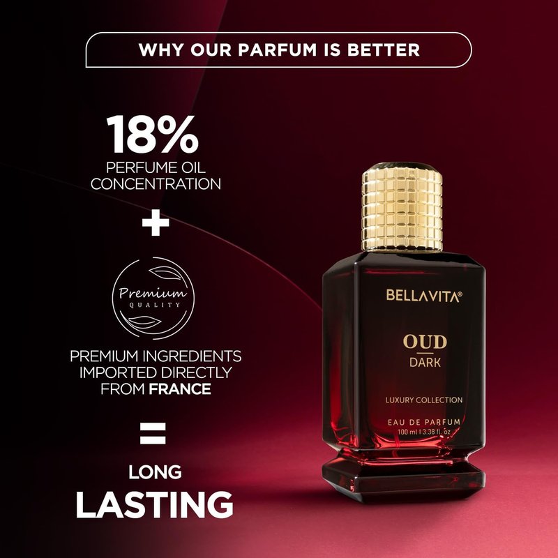 **Bellavita Dark Oud Eau de Parfum - Unisex Long-Lasting Fragrance | 100 ml (3.4 fl. oz.) | Smoky Grapefruit & Vetiver Notes**