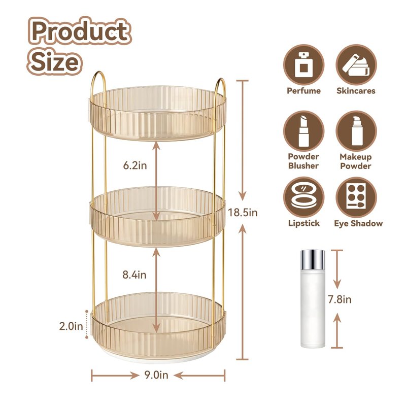 360° Rotating Makeup Organizer for Vanity, 3 Tier Perfume Organizers Skincare Organizers and Storage for Bathroom Countertop, Spinning Cosmetic Organizer for Bedroom Dresser Counter (Gold)