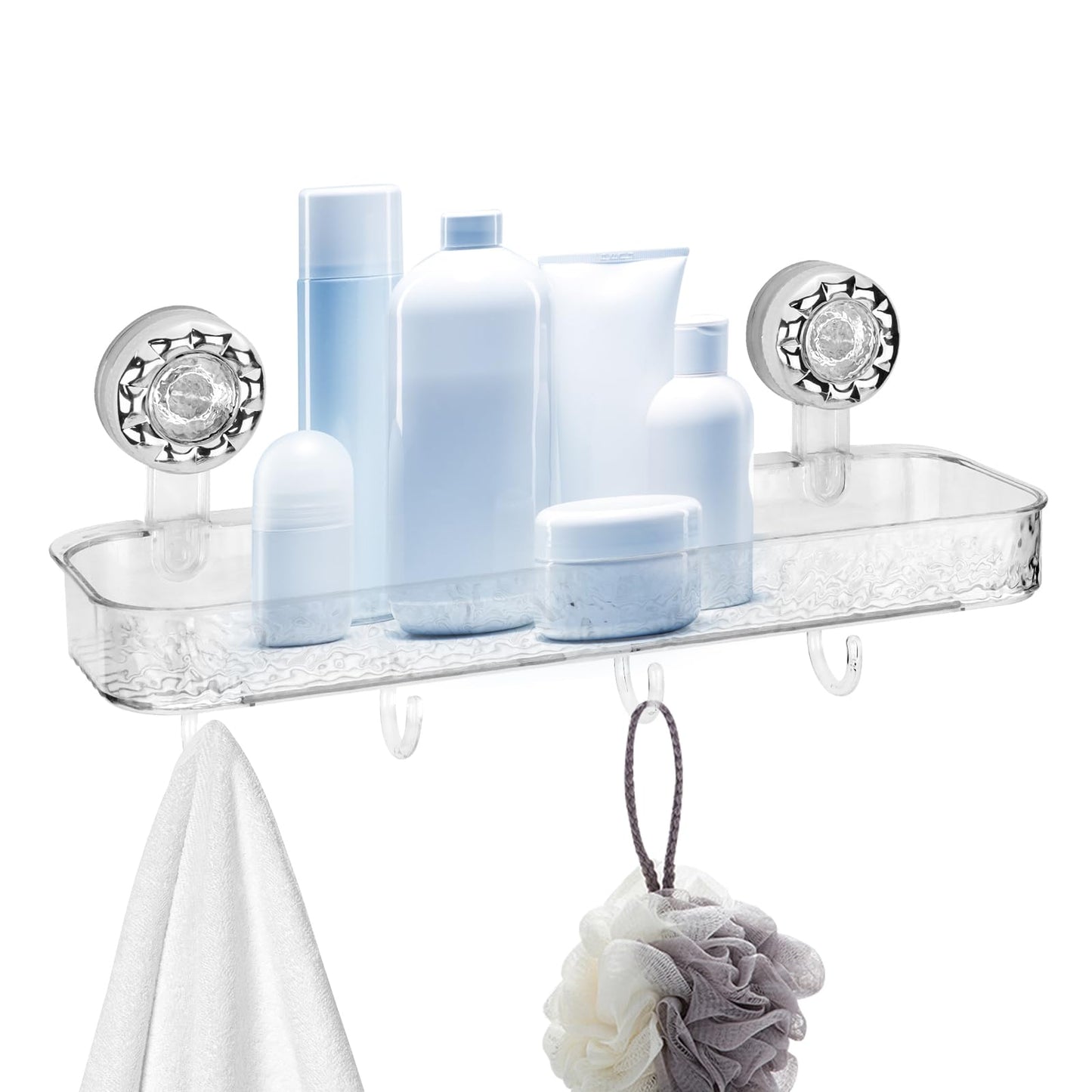 LELE LIFE Suction Cup Shower Caddy - Acrylic Shower Organizer Large Removable Bathroom Shelf, Powerful Suction Basket Bathroom Storage Rack with 4 Hooks, Clear