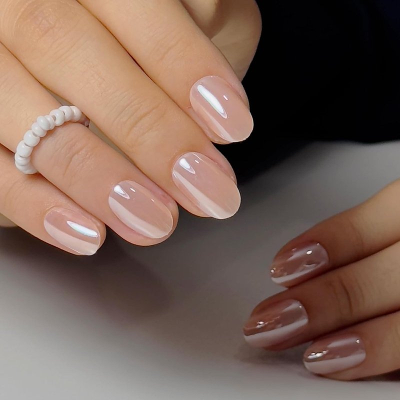 CurvLife Oval Press On Nails - Soft Gel Champagne Pearl | Salon Quality, Long Lasting Daily Nail Tips for Women